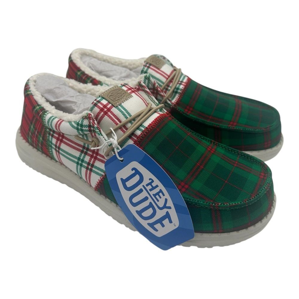 Hey Dude Wally Tri Tartan Plaid Loafer Mens 13 Green White Red Slip On Christmas